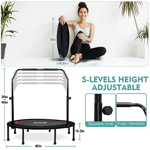 RAVS Mini Trampoline for Kids Adults 40"/48" Foldable Fitness Rebounder Kids Trampoline with 5 Levels Height Adjustable Handle Resistance Bands Indoor Workout Max Load 350lbs-450lbs