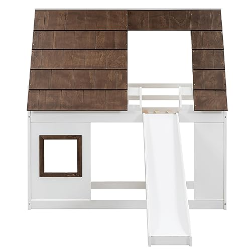 Twin-Over-Twin House Bunk Bed with Storage, Wooden Bunk Beds Frame with Staircase Compatible with, Teens, No Box Spring Needed(Gray+White) ，Queen Bed, YY-991