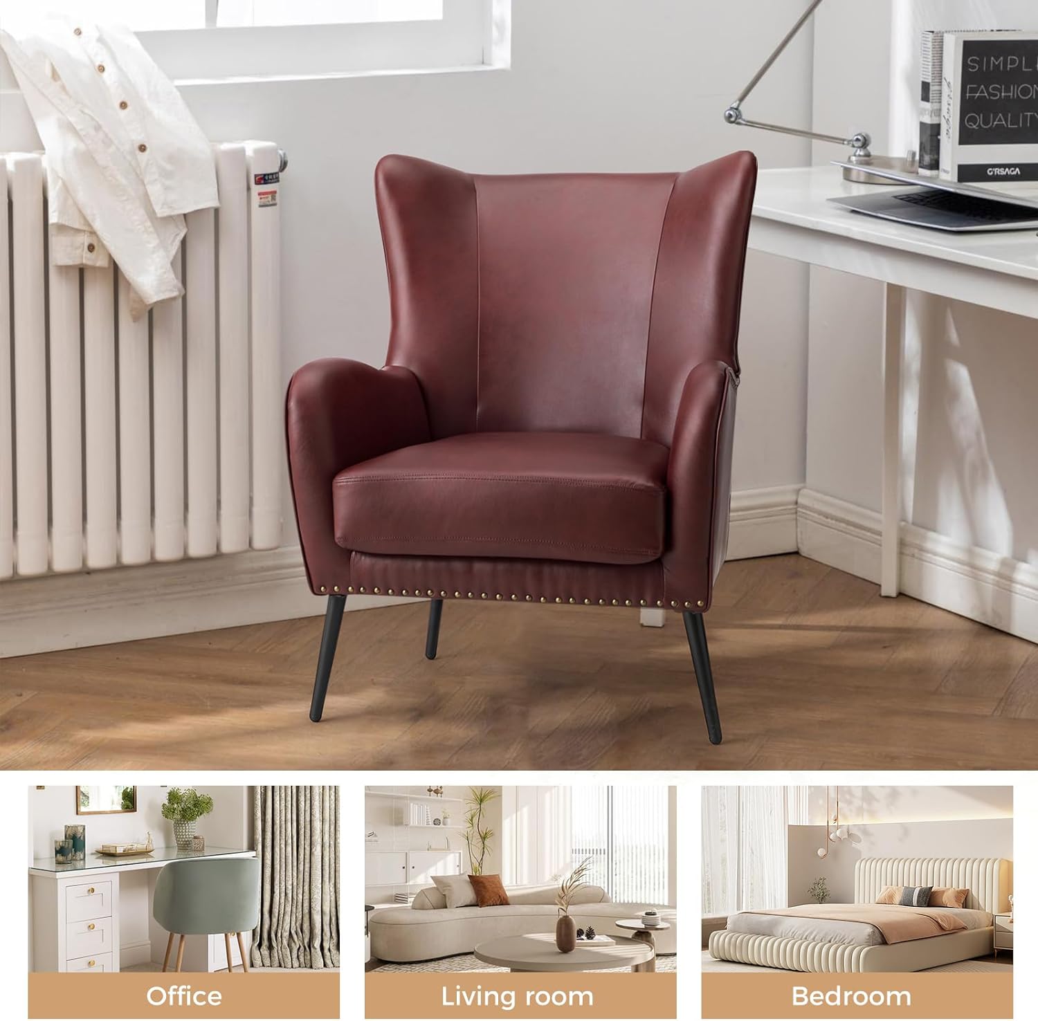 Faux Leather Accent Chair Set Of 2 W/Removable Cushion, Comfy Upholstered Armchair With Metal Legs & Nailhead Trim Wingback Vanity Chair Desk Chair For Reading Living Room Bedroom,BURGUNDY