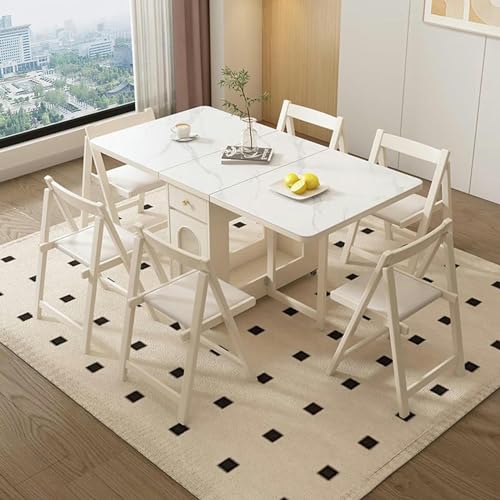 Folding Dining Table, White Dinner Table with Drawer and Storage and Shelves, Space Saving Wood Slate Dining Table with 4 Wheels, Kitchen Table for Small Spaces, 120X80x75cm