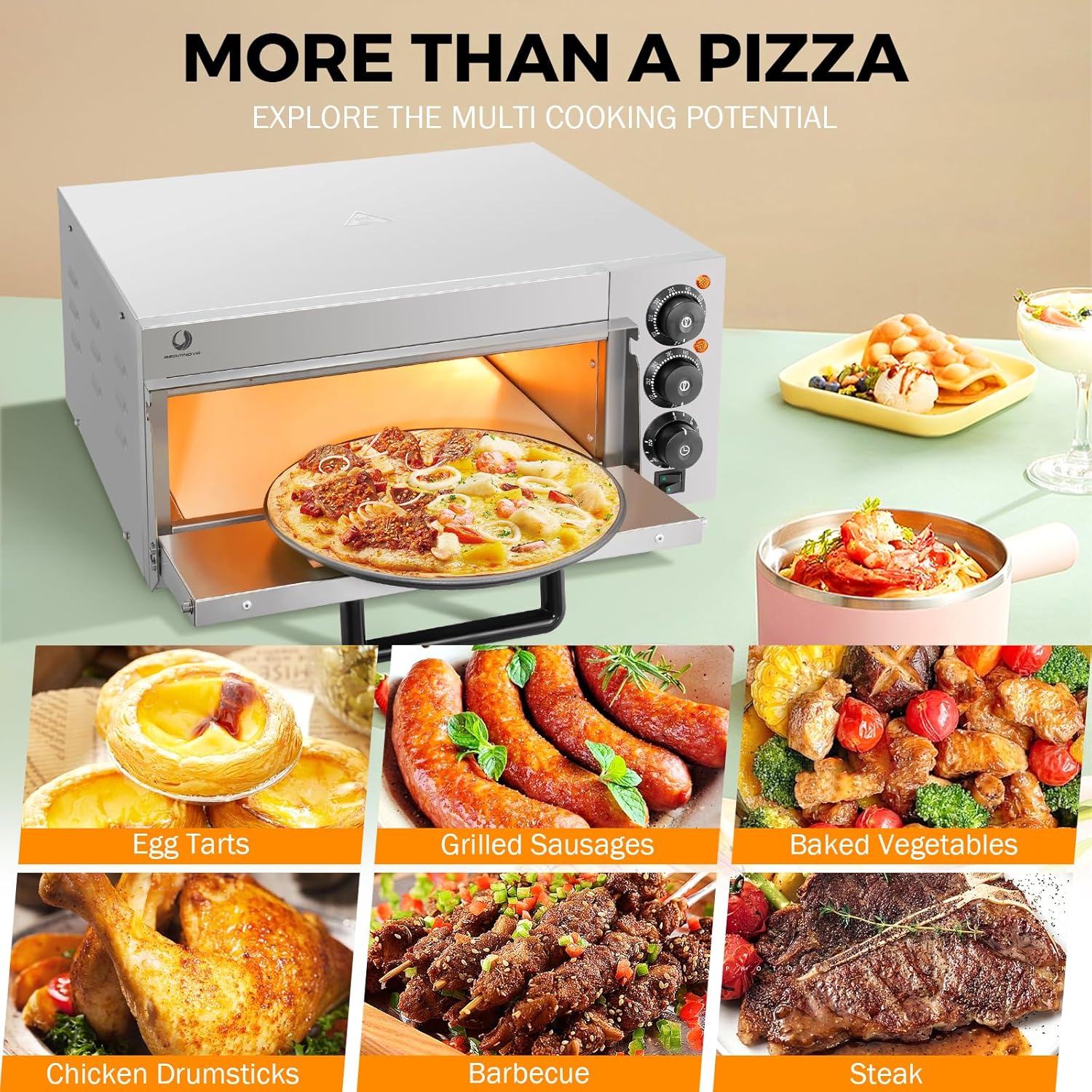 BEAMNOVA Electric Commercial Pizza Oven Countertop,1900W Adjustable Temperature Pizza Oven with 12 Inch Pizza Pan and Pizza Stone for Restaurant Home Pretzels Baked…