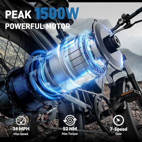 26" Electric Bike for Adults, 90 Miles 34MPH Fast E Bike for Men, Peak 1500W Fat Tire Ebike for Adults Electric with 48V 864WH Removable Battery, ON/Off Road E Bicycle with Brake Light