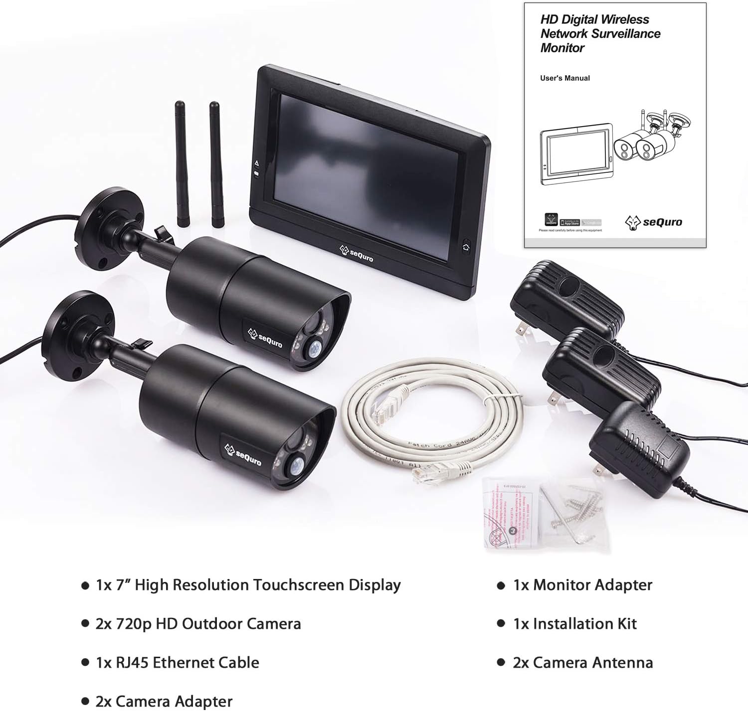 sequro GuardPro Wireless Surveillance Security Camera System Monitor, Weatherproof Outdoor Night Vision HD AC-Powered Camera and Home Surveillance 4CH Monitor DVR Kit with Smartphone Access, 2-cam Kit