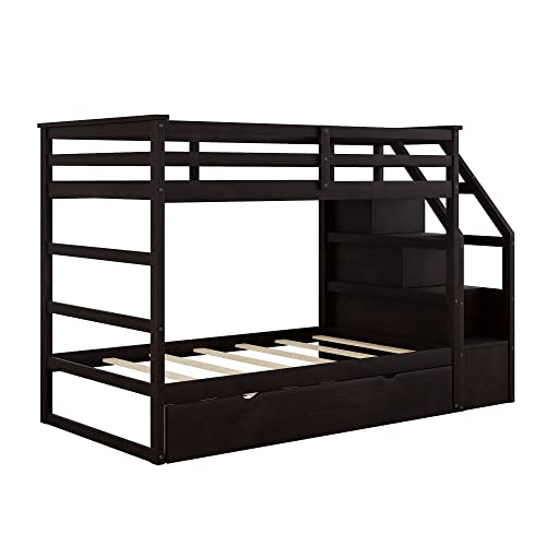 Twin-Over-Twin Bunk Bed with Trundle,Bunk Beds with Storage Stairs,Wood Bunk Bedframe for Kids, Teens, Adults, No Box Spring Needed(White)