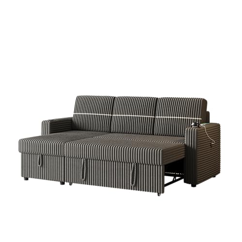 L-Shaped Sleeper Sectional Sofa Bed with Storage Chaise, Convertible Sleeper Sofa Pull Out Couch Bed, Corduroy Upholstered 3 Seater Corner Sofa with Cup-holder, USB Charge Port, Brown