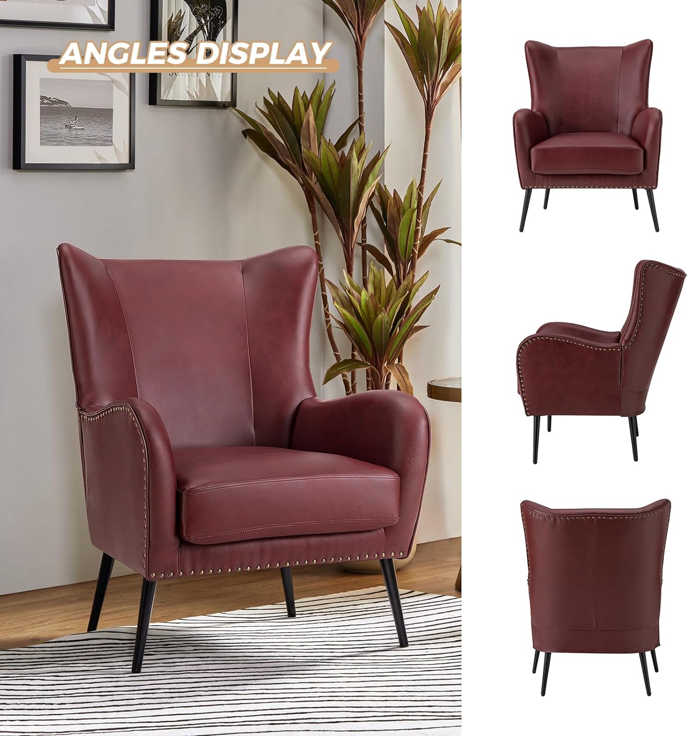 Faux Leather Accent Chair Set Of 2 W/Removable Cushion, Comfy Upholstered Armchair With Metal Legs & Nailhead Trim Wingback Vanity Chair Desk Chair For Reading Living Room Bedroom,BURGUNDY