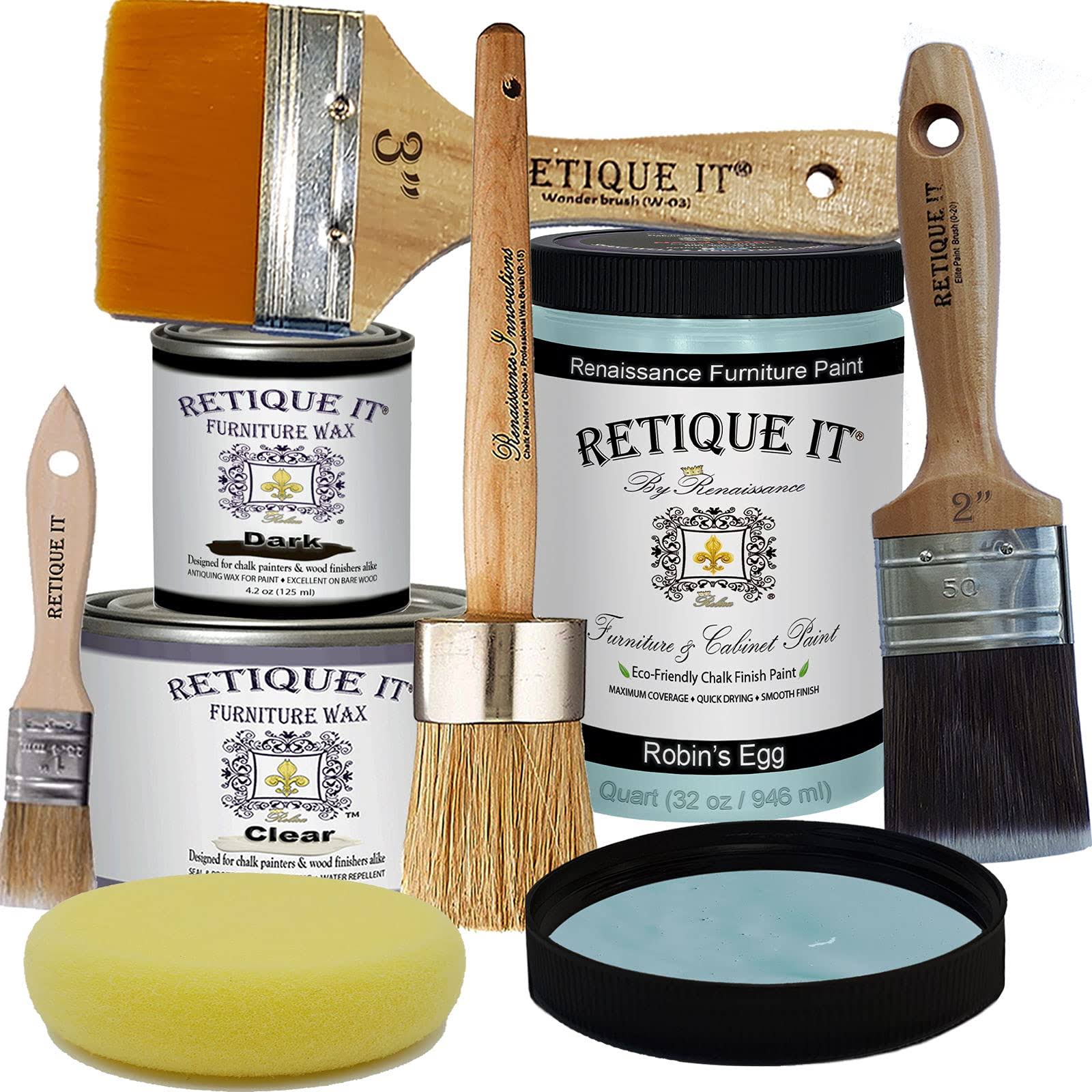 Retique It by Renaissance Chalk Furniture Paint Deluxe Starter Kit - 32oz Paint/13Oz Clear Wax/4Oz Dark Wax/2x22 Paint Brush/1.5