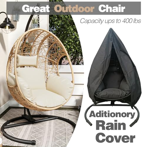 Egg Swing Chair with Stand up to 400lbs, Oversized Outdoor Hanging Egg Chair with Extra Large Round Base, All Weather Wicker, Rain Cover, Waterproof Cushion, UV Resistant