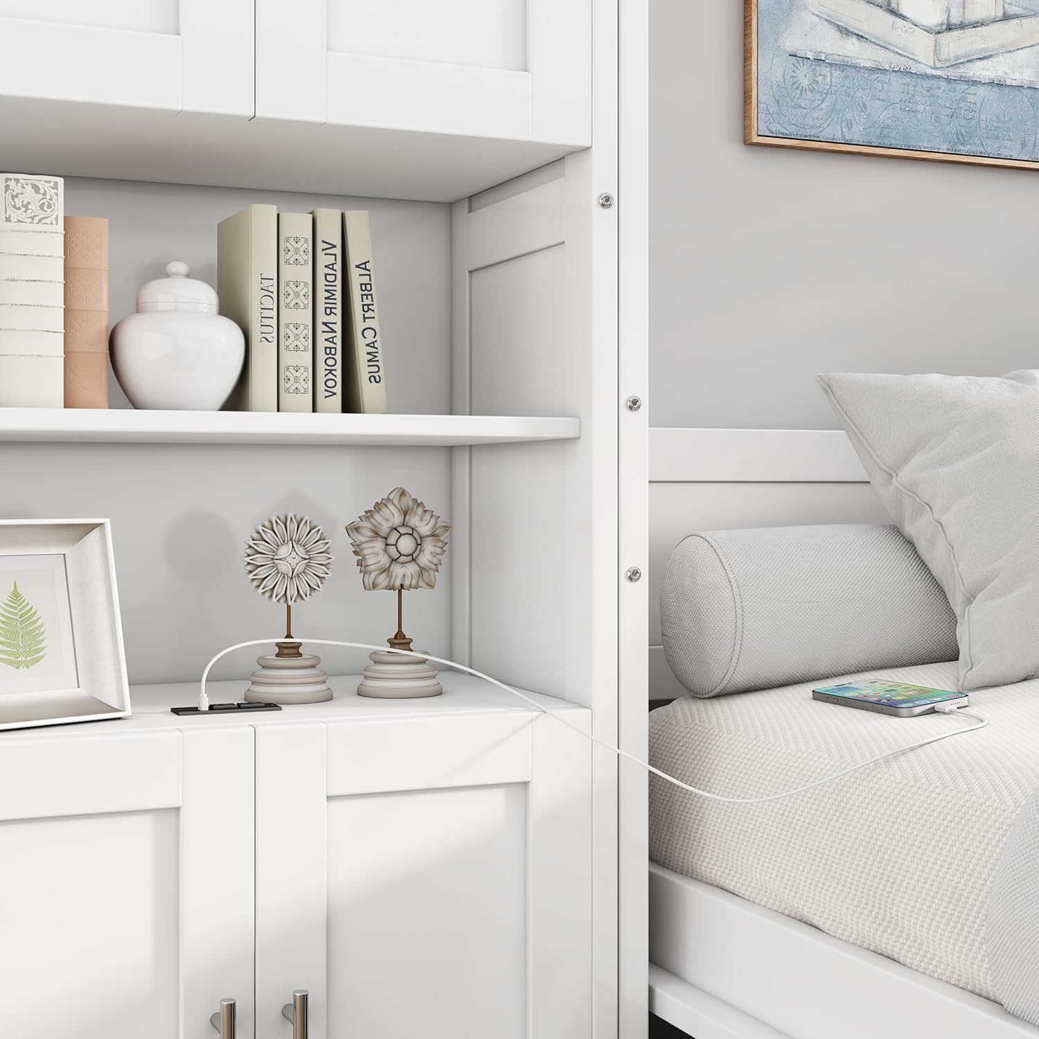 Wooden Full Size Murphy Bed 61.5-inch Cabinet Bed Folding Wall Bed with Desk Combo and 2 Side Cabinet Storage Shelf,for Small Spaces Studio Office Guest Room Use (White@USB ports/, Full)