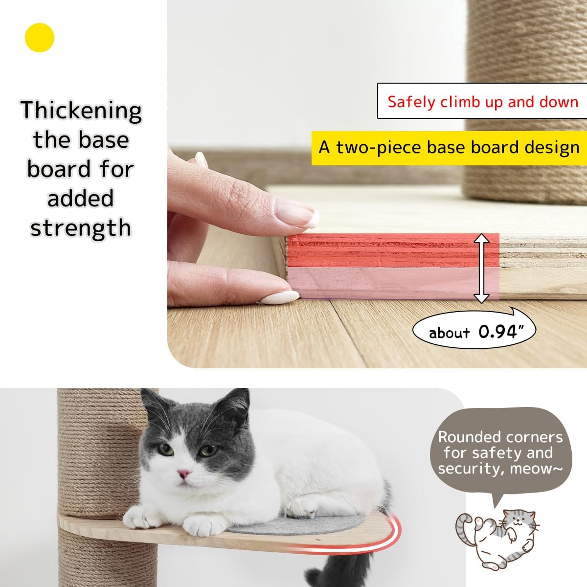 Cat Climbing Tower, Floor-to-Ceiling, Natural Sisal Rope Scratching Post, 93.7-101.1Inch, 101.2-108.6Inch, 108.7-115.4Inch