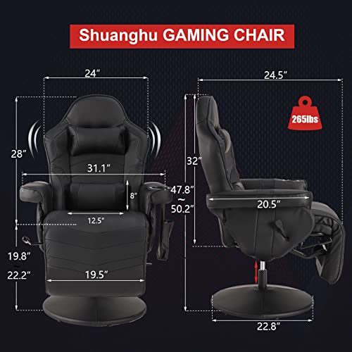 Reclining Gaming Chair - Gaming Recliner Chairs for Adults - PU Leather Gaming Chair with Massage, Swivel Gaming Recliner Chair with Adjustable Height, Lumbar Support, Side Pouch (Blue)