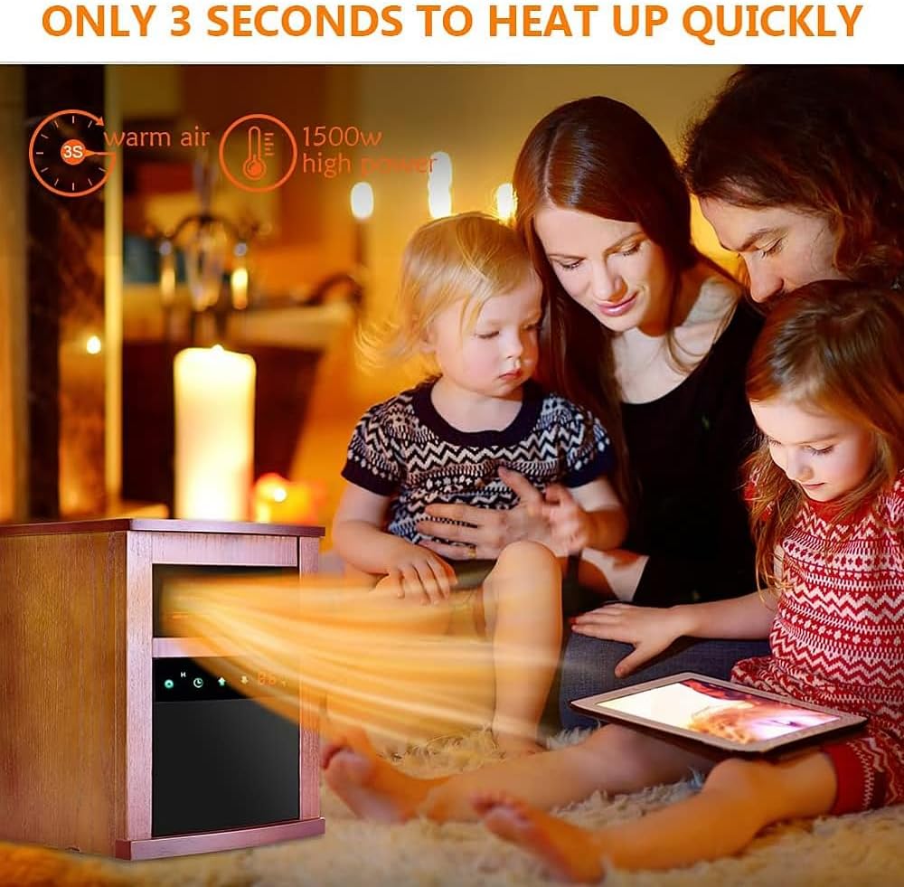 Air Choice Electric Space Heater, 1500W Infrared Heater w/ 3 Heating Mode, Thermostat, Remote Control & 12h Timer, Small Portable Room Heaters for Indoor Use, Bedroom, Office, Living Room, Dark Walnut