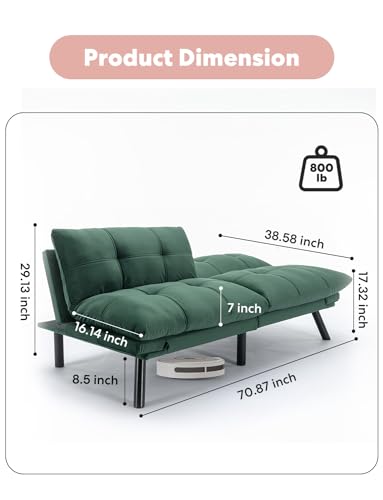 Velvet Convertible Bed, 71" Comfy Loveseat Sleeper Sofa with Adjustable Backrest Armrest, Strengthen Wood, Thick Cushion, Small 2 Seater Futon Couch for Living Room, Bedroom, Navy Blue