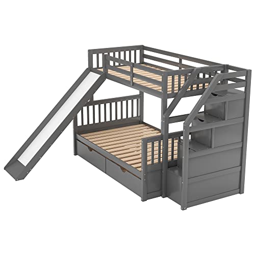 Harper & Bright Designs Twin Over Full Bunk Bed with Slides, Wood Bunk Bed with Stairway and Storage, Low Bunk Bed with Drawers and Safety fence, for Kids and Teenagers (No Box Spring Needed, White)