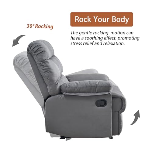 Rocker Recliner Chair for Adults, Overstuffed Large Manual Rocking Recliner, Upholstered Soft Fabric Living Room Reclining Sofa Chair(Gray)