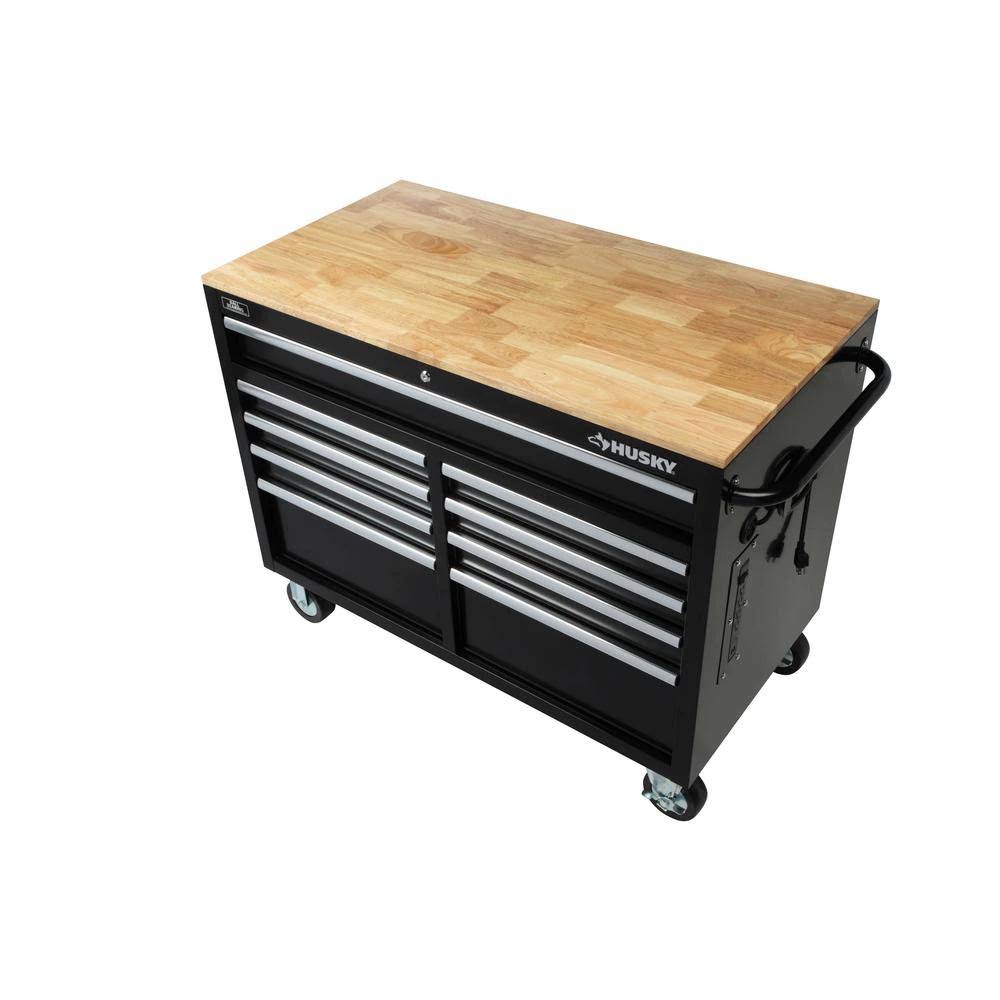 Husky 46 in. W x 24.5 in. D 9-Drawer Gloss Black Deep Tool Chest Mobile Workbench with Hardwood Top