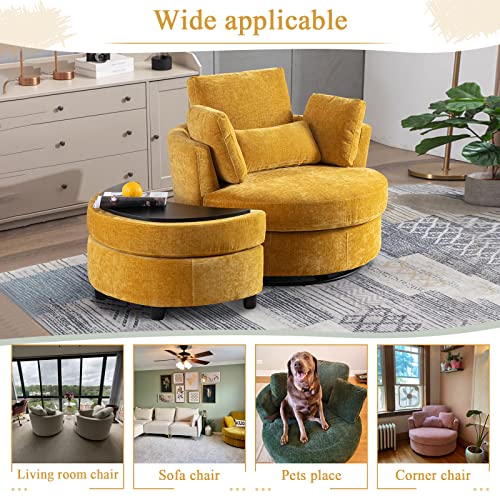 Chair and A Half with Ottoman, 360° Swivel Accent Barrel Chair Modern Comfy Round Reading Sofa Swivel Chairs Circle Lounge Chair for Bedroom Living Room w/4 Pillow Lower Seating Heigh (White, Large)