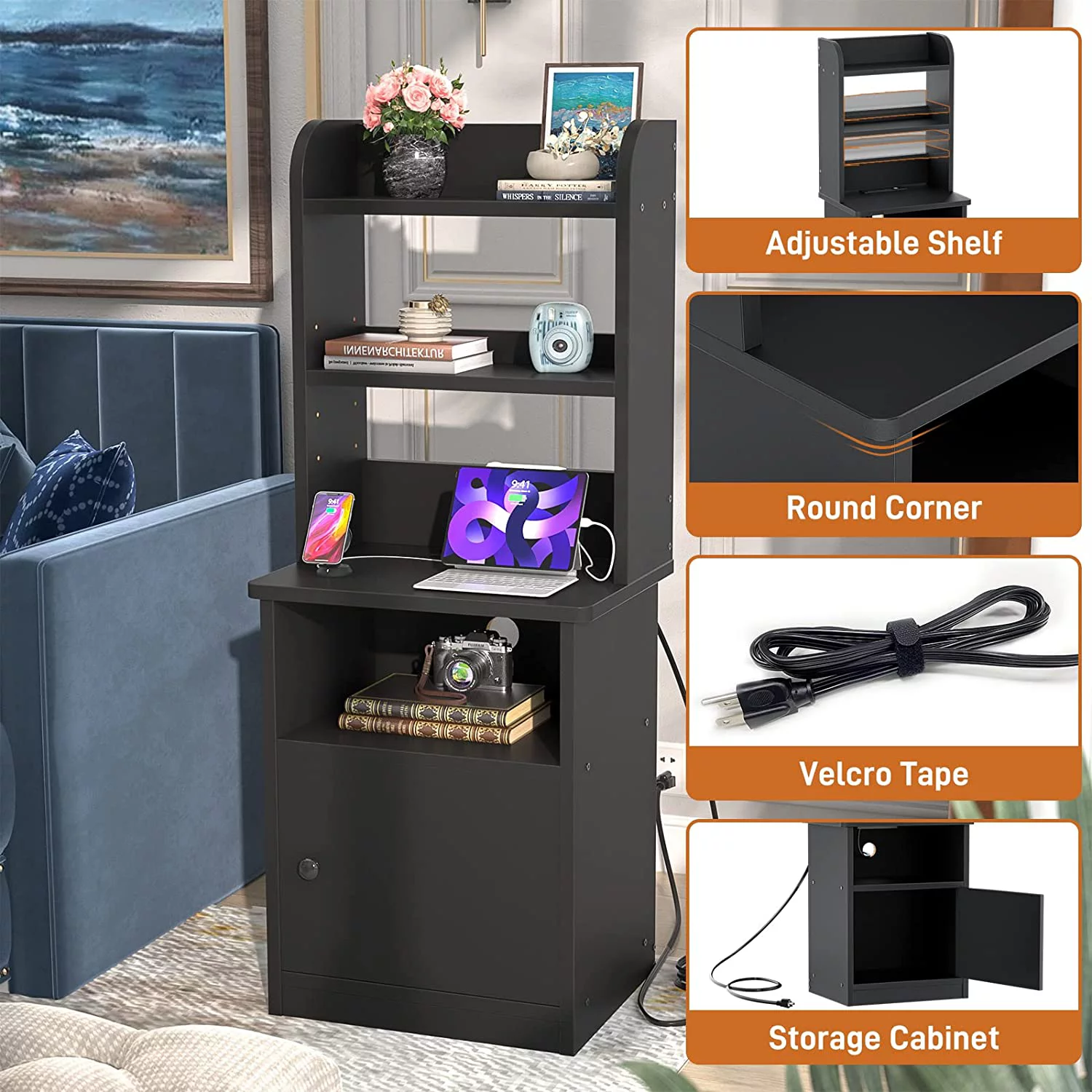 Homieasy Nightstands Set of 2 with Charging Station and USB Ports, 47" Tall Bedside Table with Adjustable Bookshelf, Modern End Table Side Table with Storage for Bed Room, Living Room, Black - Curated Treasures Market
