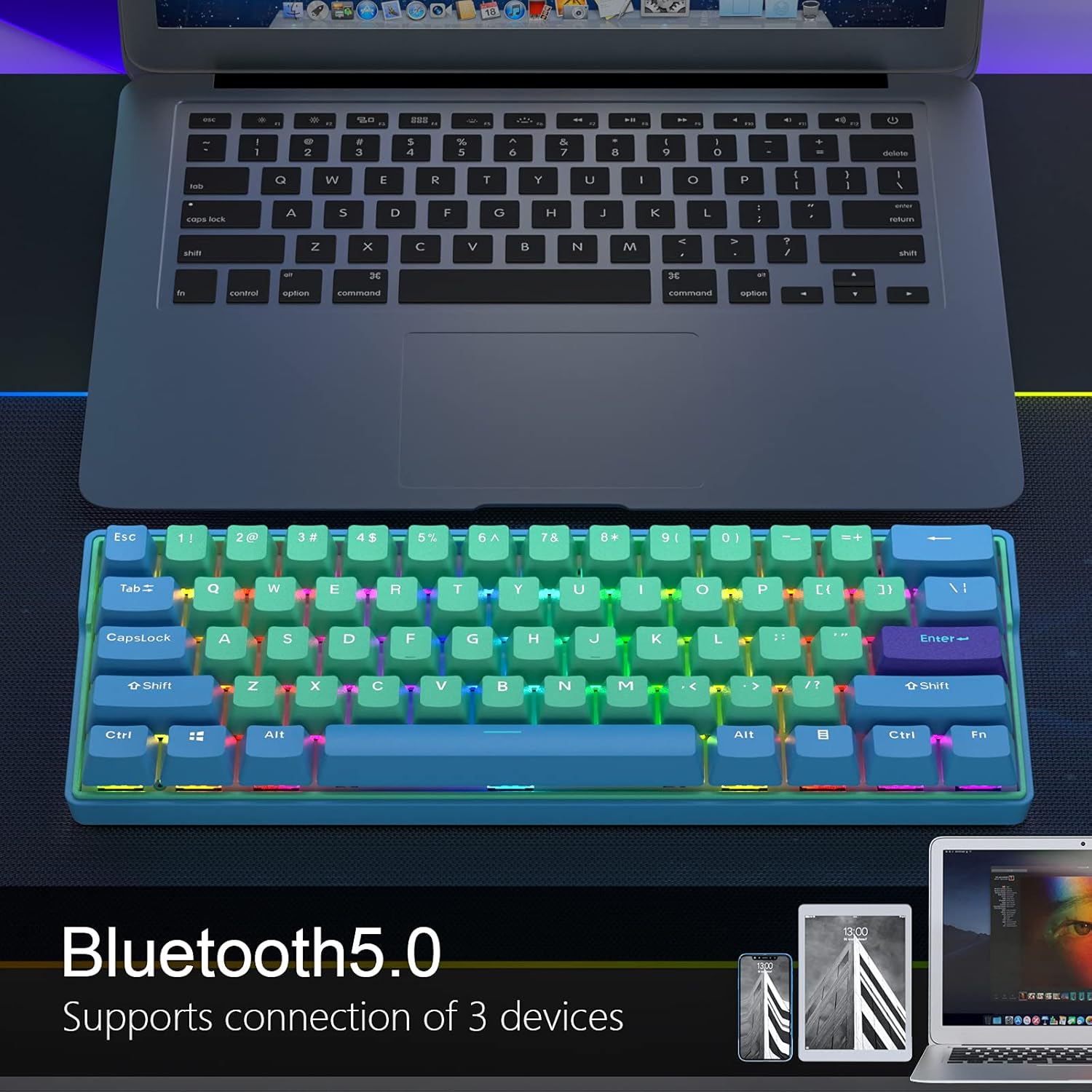 BOYI Wireless 60% Hot Swappable RGB Mechanical Keyboard,Bluetooth 5.0/Type-C Wired Dual Mode PBT Keycaps Ergonomic Gaming Keyboard for Win Mac Gamer PC Gamer (Cherry MX Brown Switch)