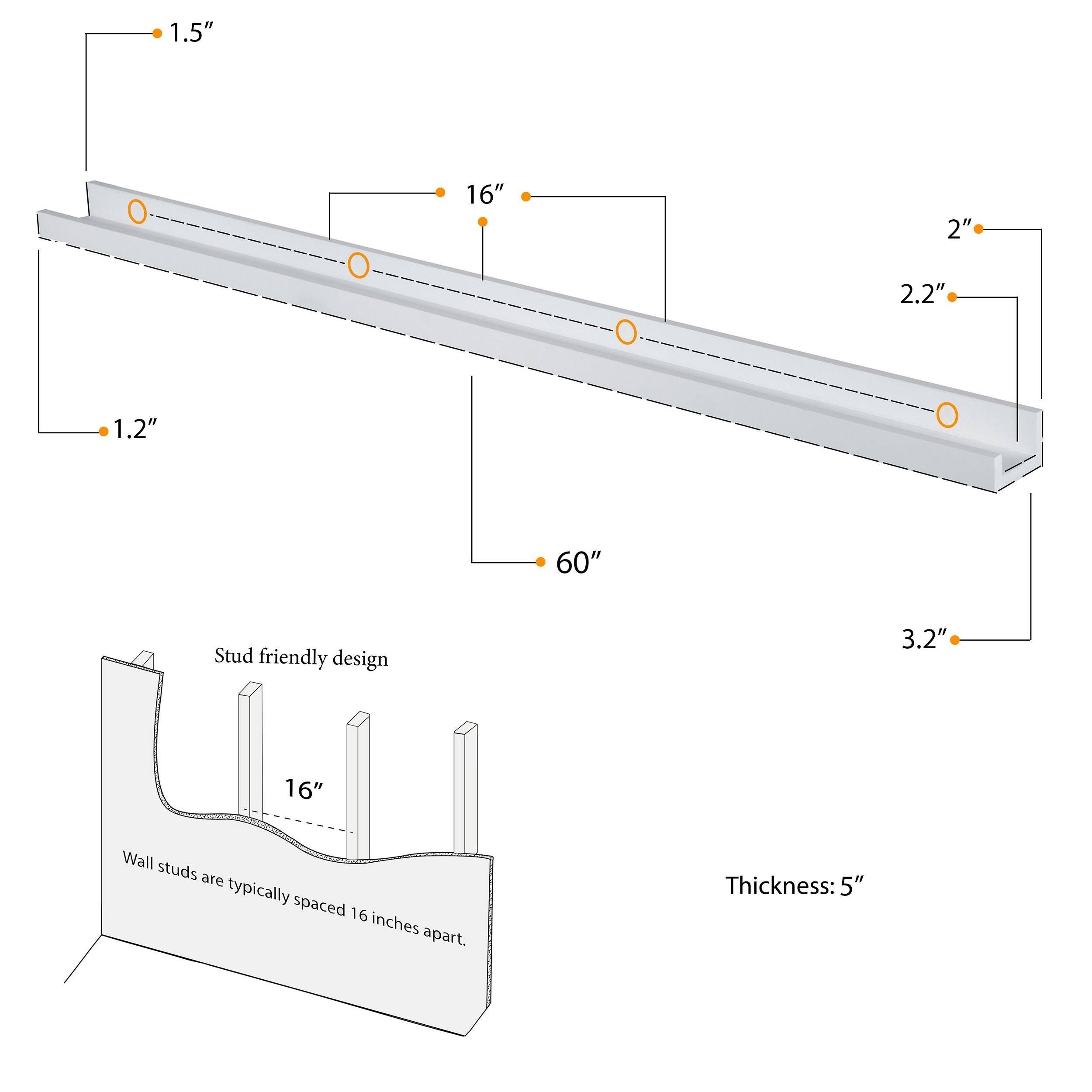 Wallniture Denver Modern Wall Mount Floating Shelves - Long Narrow Picture Ledge - 60 inch White Set of 2 Mounting Hardware Incl