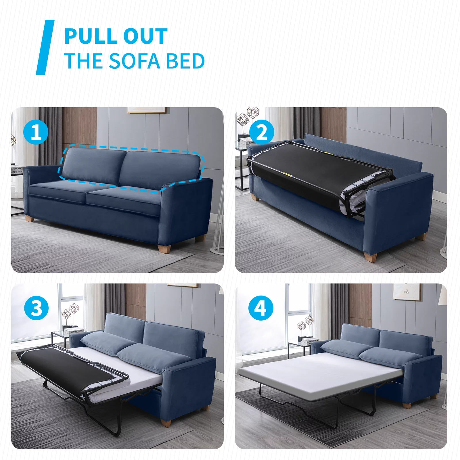 Mjkone Pull Out Sofa Bed, Sleeper Sofa Bed with Memory Foam Mattress, 2-in-1 Pull Out Couch Bed Suitable for Friends to Stay Temporarily, Loveseat Sleeper for Apartment/Small Spaces (Full, Baby Blue)
