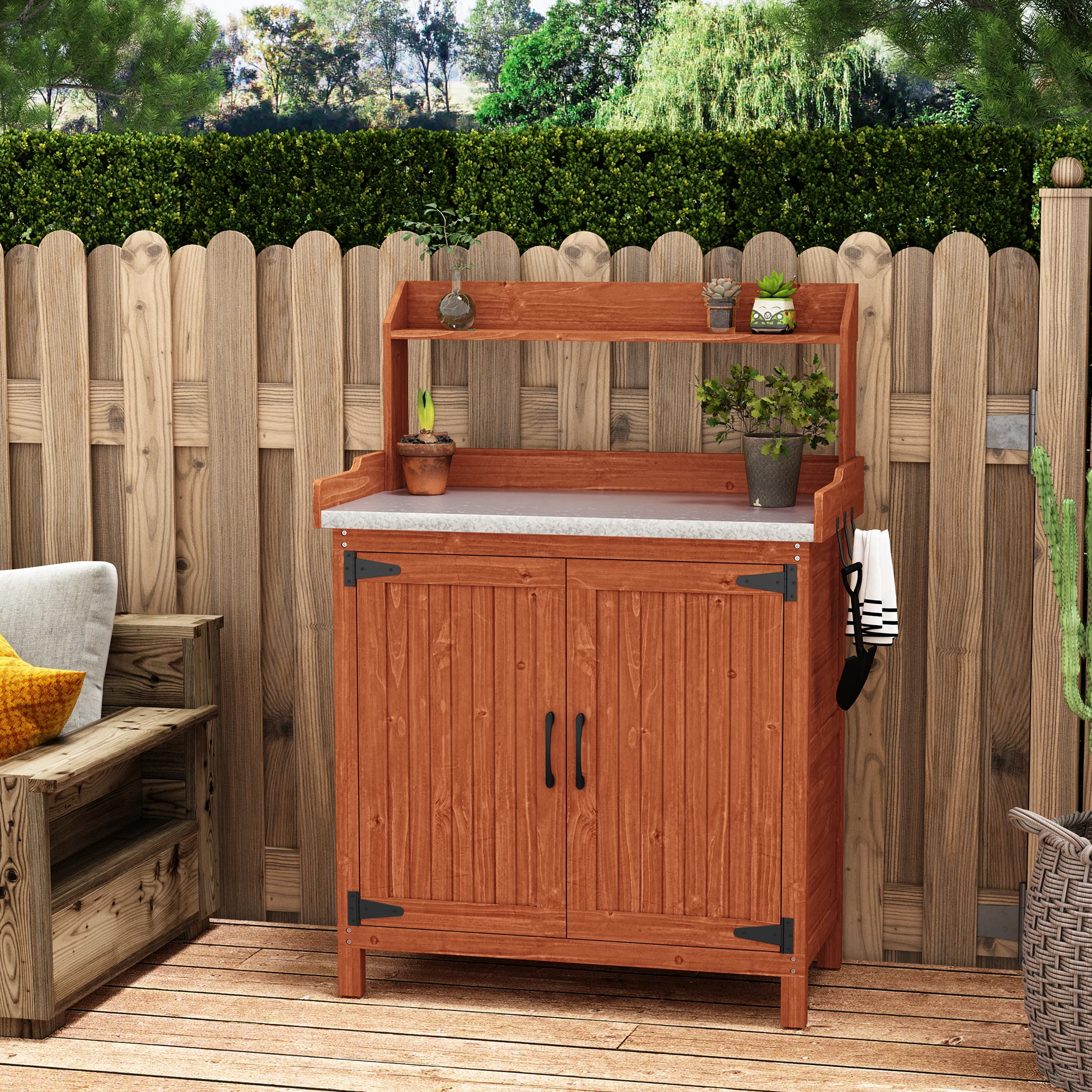 HLR Potting Bench with Storage, Galvanized Steel Tabletop Ourdoor Potting Bench with Storage for Garden Patio, Original Wood