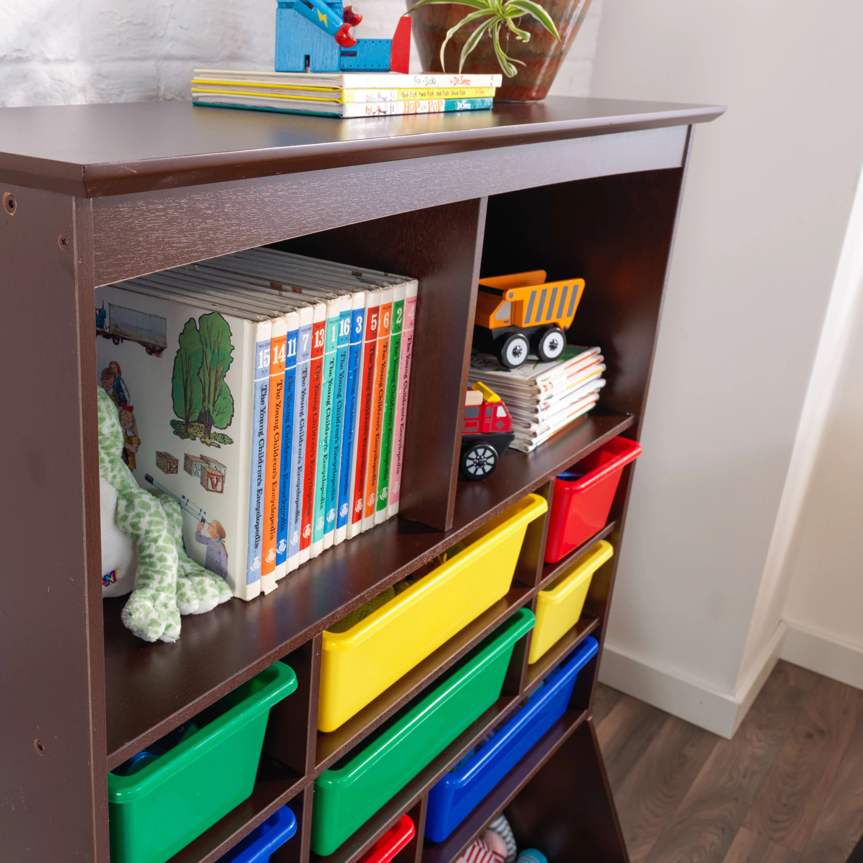 KidKraft Wood Wall Storage Unit Organizer with 8 Bins, Espresso