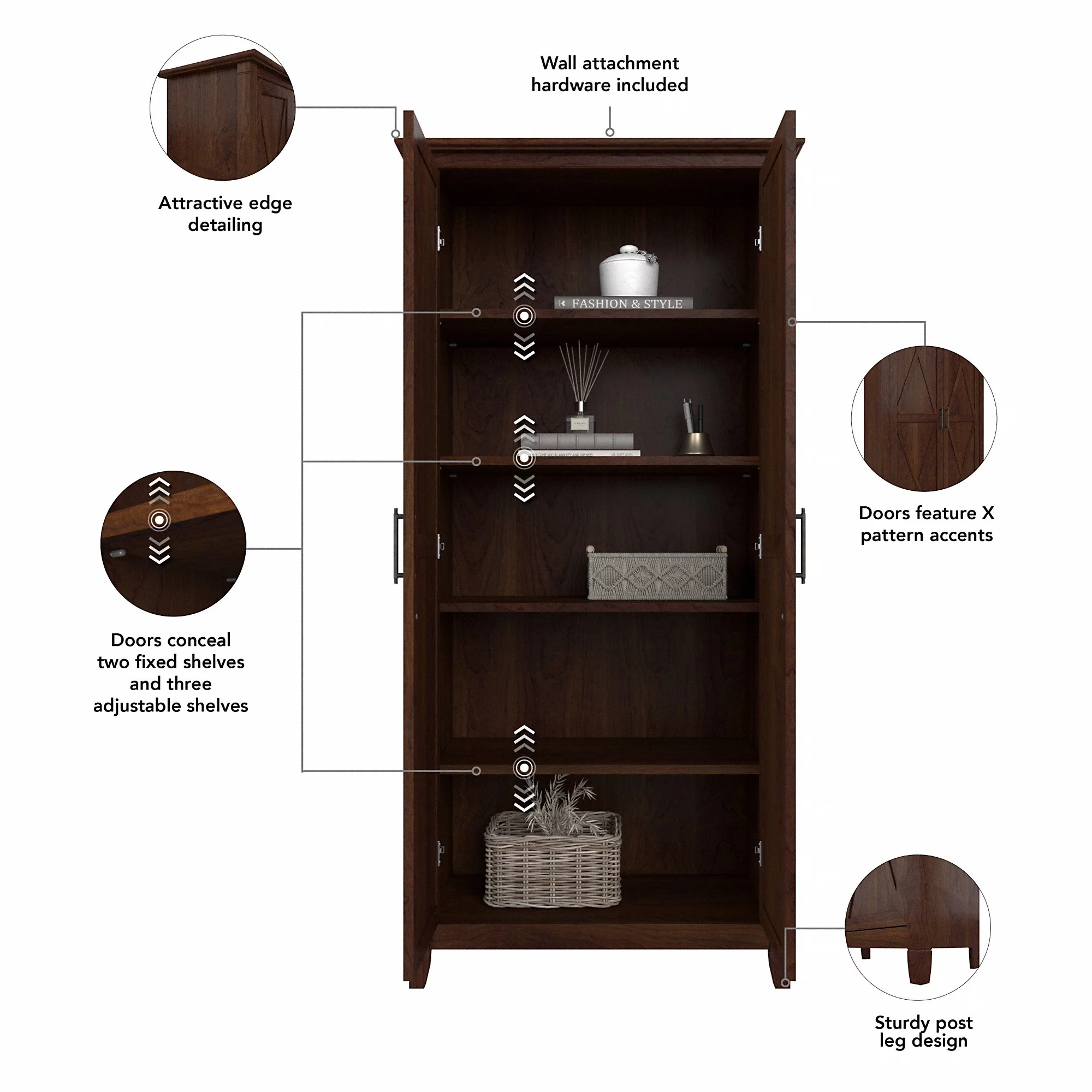 Bush Furniture Key West Tall Bathroom Storage Cabinet with Doors, Bing Cherry