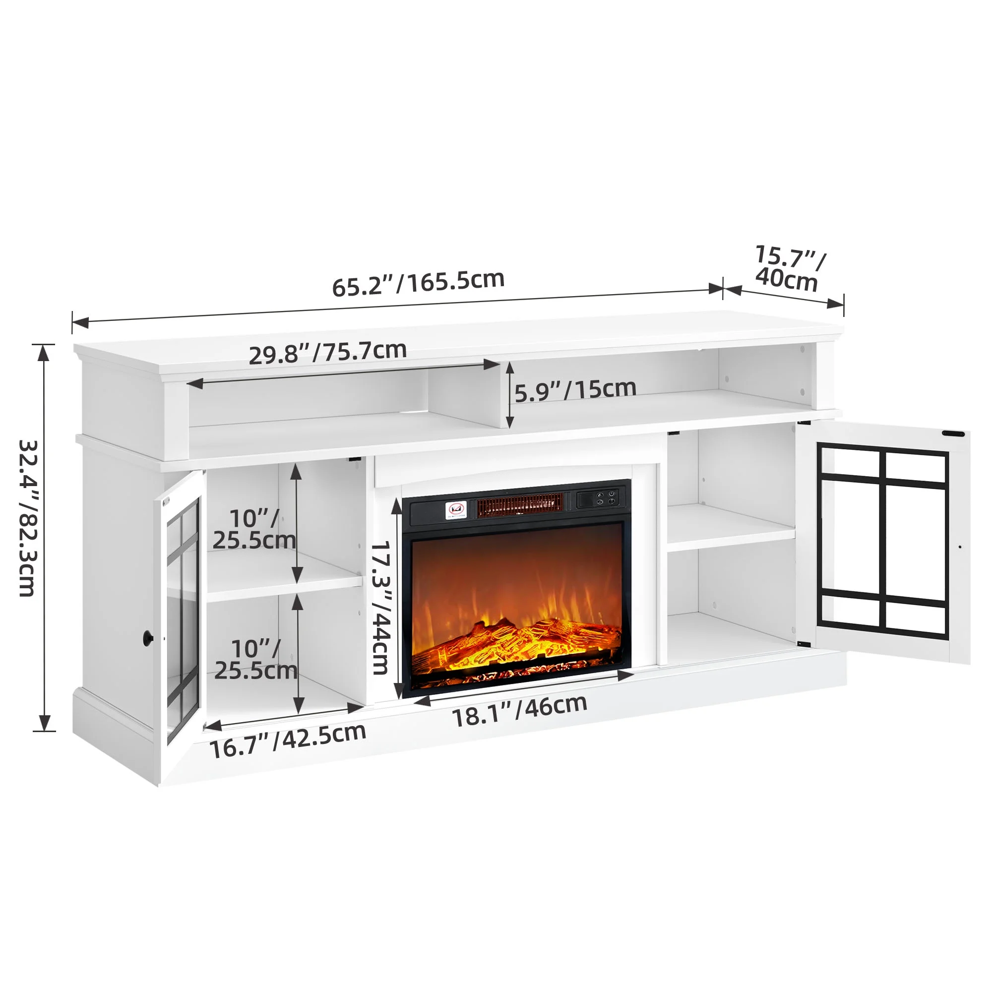 Dextrus LED Fireplace TV Stand for TVs up to 70" w/ Acrylic Glass Door, Farmhouse Highboy Entertainment Center with Electric Fireplace, White