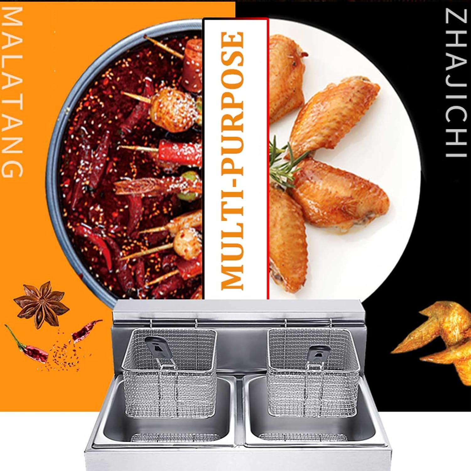 LPG Gas Deep Fryer with 6L*2 Basket and Lid Stainless Steel Countertop Propane-LPG Propane (LPG) W/Metal Tube Home Kitchen