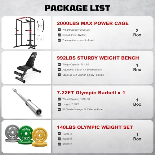 Power Cage, 2000LBS Multi-Function S11 Power Rack with LAT Pulldown, Squat Rack with Adjustable Pulley System and More Training Attachments, Weight Workout Machine for Home Gym