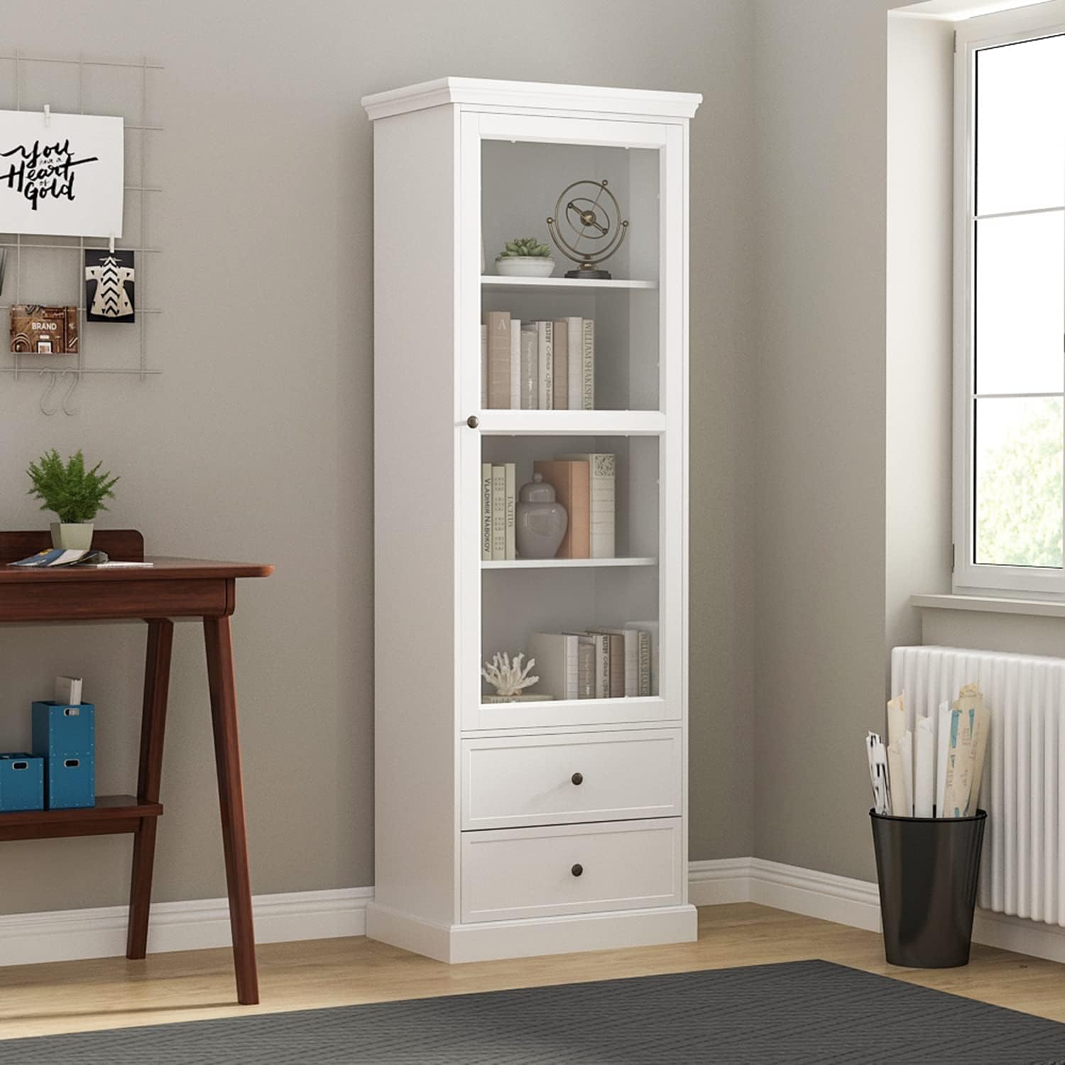 ECACAD 3-Tier Tall Bookcase Storage Cabinet with Glass Door & 2 Drawers, Wooden Bookshelf Display Cabinet for Living Room, Office, Espresso (23.6鈥滾 x 15.7鈥漌 x 70.9鈥滺)