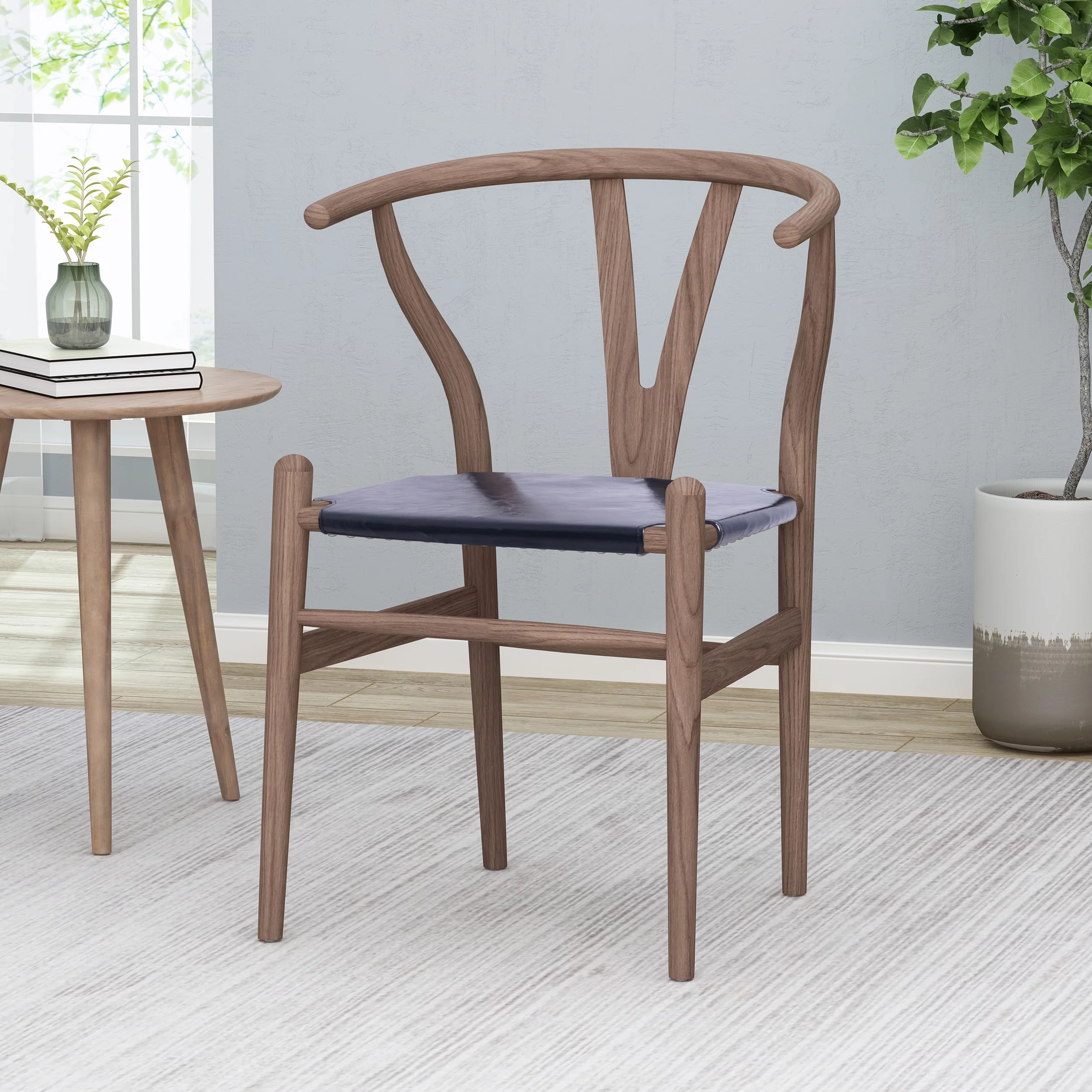 GDF Studio Quince Rustic Faux Leather and Elm Wood Wishbone Chair, Black and Antique