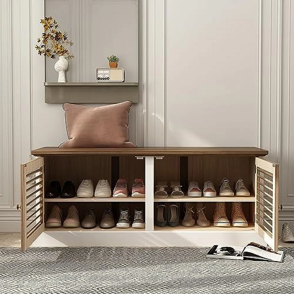 RUNFAYBIU 43.3"  Bench with Louver Doors  Entryway Shoe Bench with  Shelves ; Spacious Seat for Hallway  Mudroom ; Living Room  Brown and White
