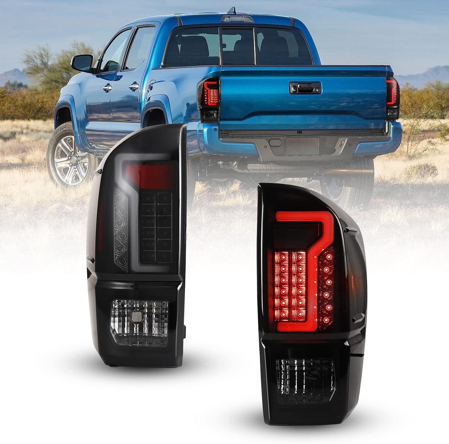 LED Tail Lights Fit for TOYOTA TACOMA 2016 2017 2018 2019 2020, Replacement Rear Brake Tail Lights Assembly with Led Turn Signal Lights, Brake / DRL, Driver & Passenger Side (Smoke Lens)