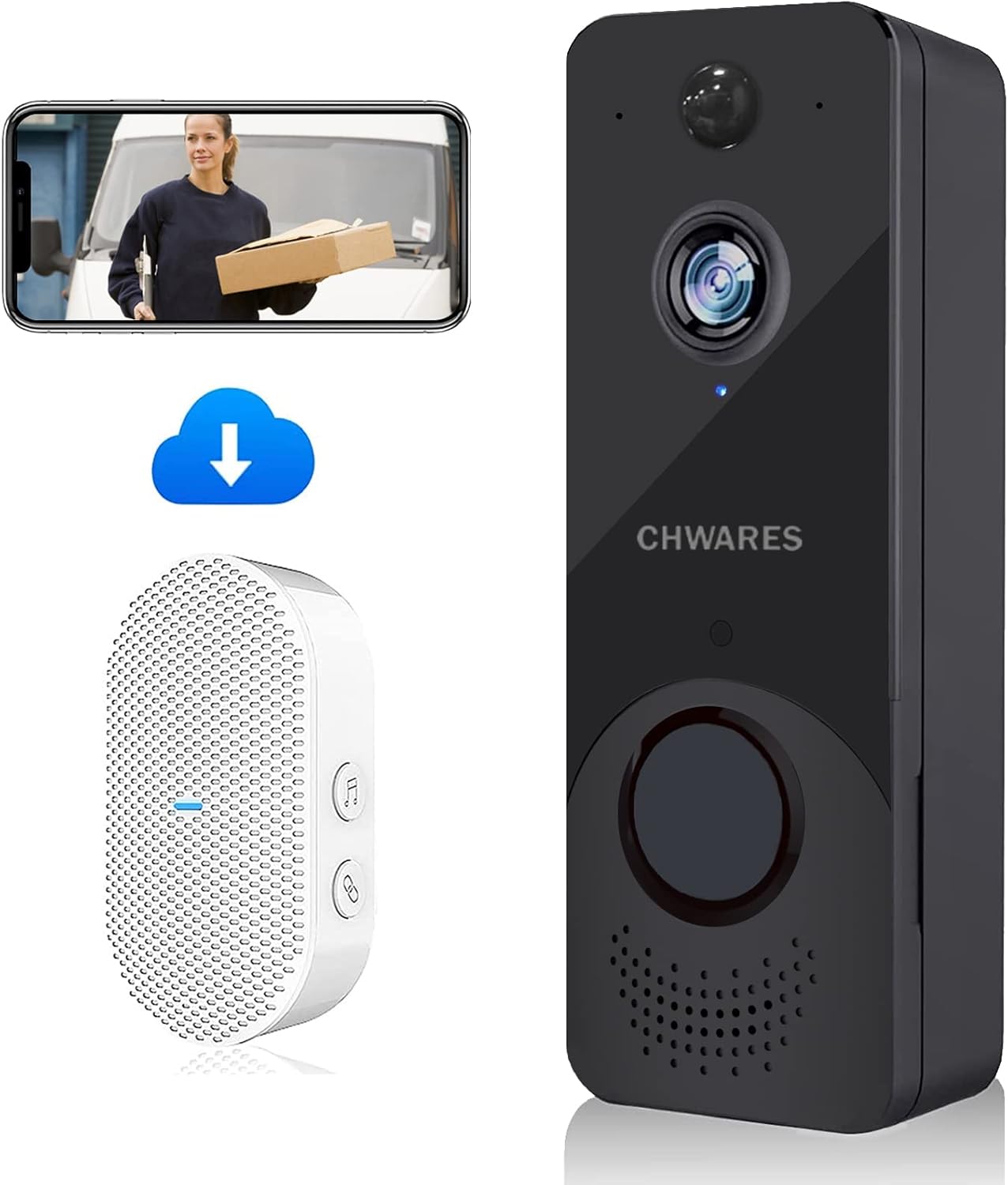 【2022 New】 Wireless Video Doorbell Camera with Chime, 1080P HD Smart Door Bell Motion Detector, 2-Way Audio, Night Vision, Battery Powered, Free Cloud Storage by CHWARES