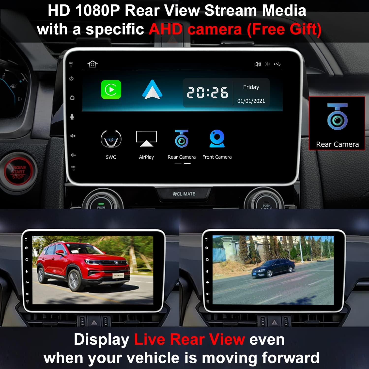 IYING 10.1 Inch Single Din Adjustable Car Radio Wireless CarPlay & Wireless Android Auto Car Stereo Receiver with Live Rear-View Backup Camera Bluetooth AM/FM Airplay Touchscreen Head Unit 1 Din