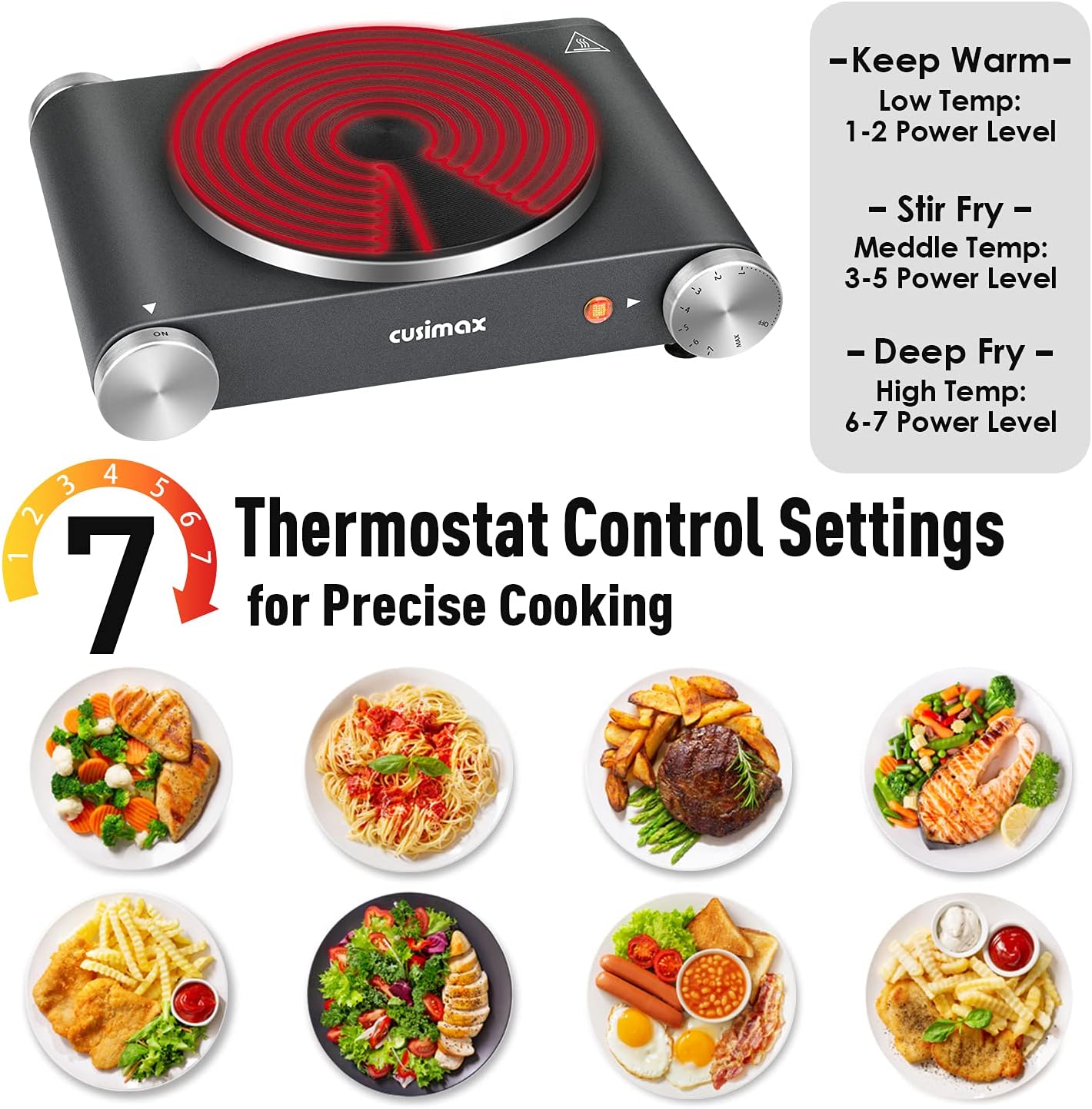 Cusimax Hot Plate Electric Burner Single Burner Cast Iron hot plates for cooking Portable Burner 1500W with Adjustable Temperature Control Stainless Steel Non-Slip Rubber Feet, Upgraded Version