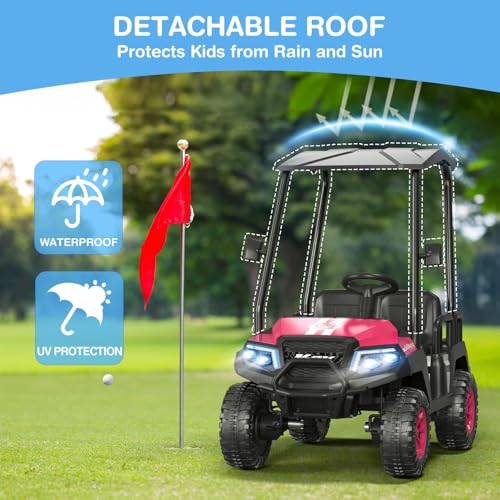 R9 24V Kids Golf Cart, 4 Seats, 4WD Kids Electric Car w/Remote Control, Detachable Awning, Spring Suspension, Multimedia Functions Including Music, Story, Wireless Connection, Horn, Power Display