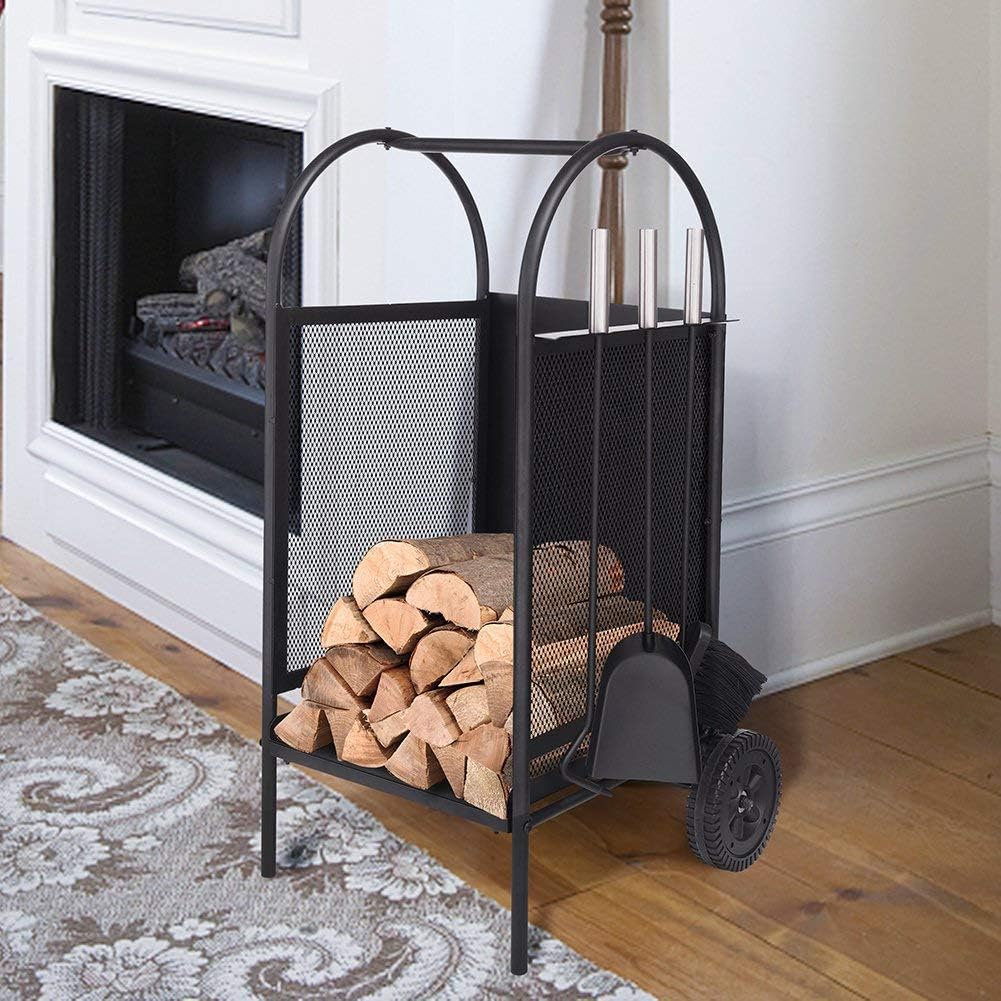 Firewood Rack Log Cart With Large Wheels, Firewood Mover with 3 Fireplace Tool Set Fireplace Log Carriers Holders Black Wrought Iron Firepit Firewood Cart, 31.5'' x 14'' x 14''