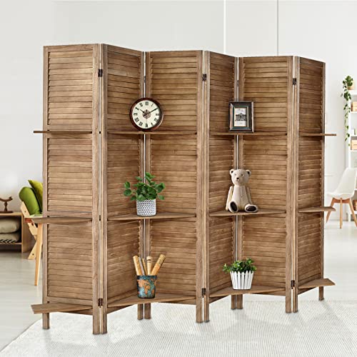 Room Divider with Shelves, Privacy Screen, Room Dividers and Folding Privacy Screens, 5 Panel Wood Temporary Wall Partition Separation Separator, Coconut