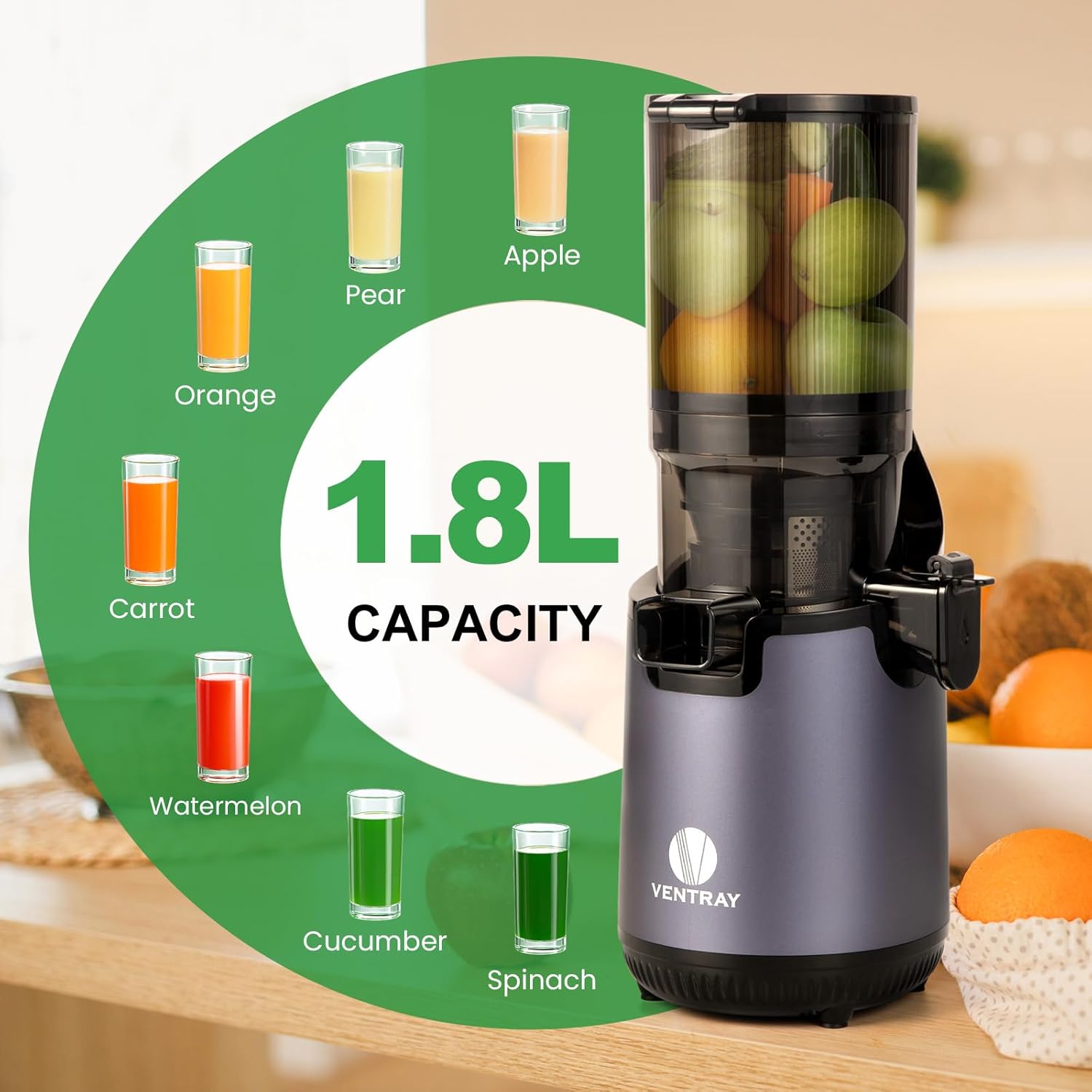 Ventray Slow Masticating Juicer Cold Press Juicer with 5.3" Extra Large 130mm Wide Feed Chute Electric Slow Juicer Machine Fit Whole Fruits Vegetables, High Juice Yield, Easy to Clean with Brush