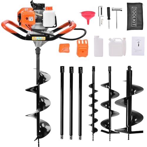 Post Hole Digger,72CC Auger Post Hole Digger Gas Powered Auger with 3 Earth Drill Bits 4" & 8" & 12", 3 Extension Rods for Fence Garden Farm Plant,EPA Certification
