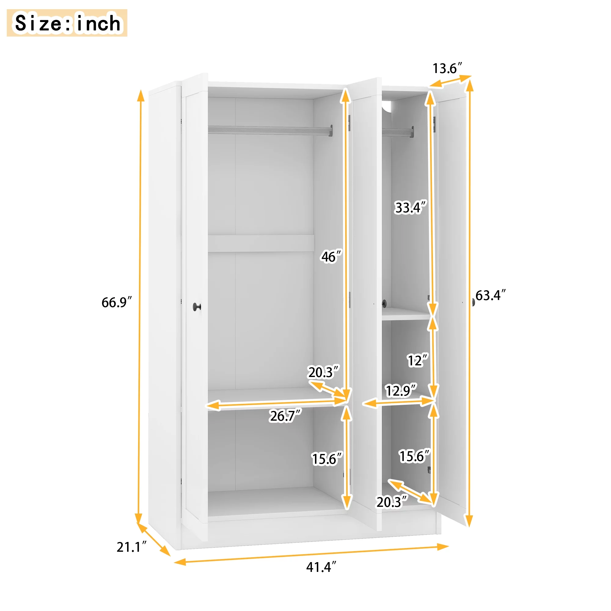 Modern Wood Wardrobe Closet with Doors Shelevs and Hanging Rail, Freestanding Armoires Storage Cabinet Organizer for Bedroom Gym School