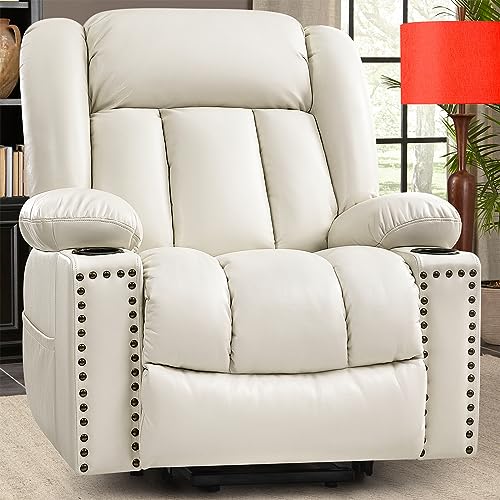Large Power Lift Chairs Recliners for Elderly with Heated and Massage, Overstuffed Adjustable Lift Chairs, 3 Positions, Breathable Leather, USB-A and USB-C, Cup Holder, Side Pocket Dark Brown