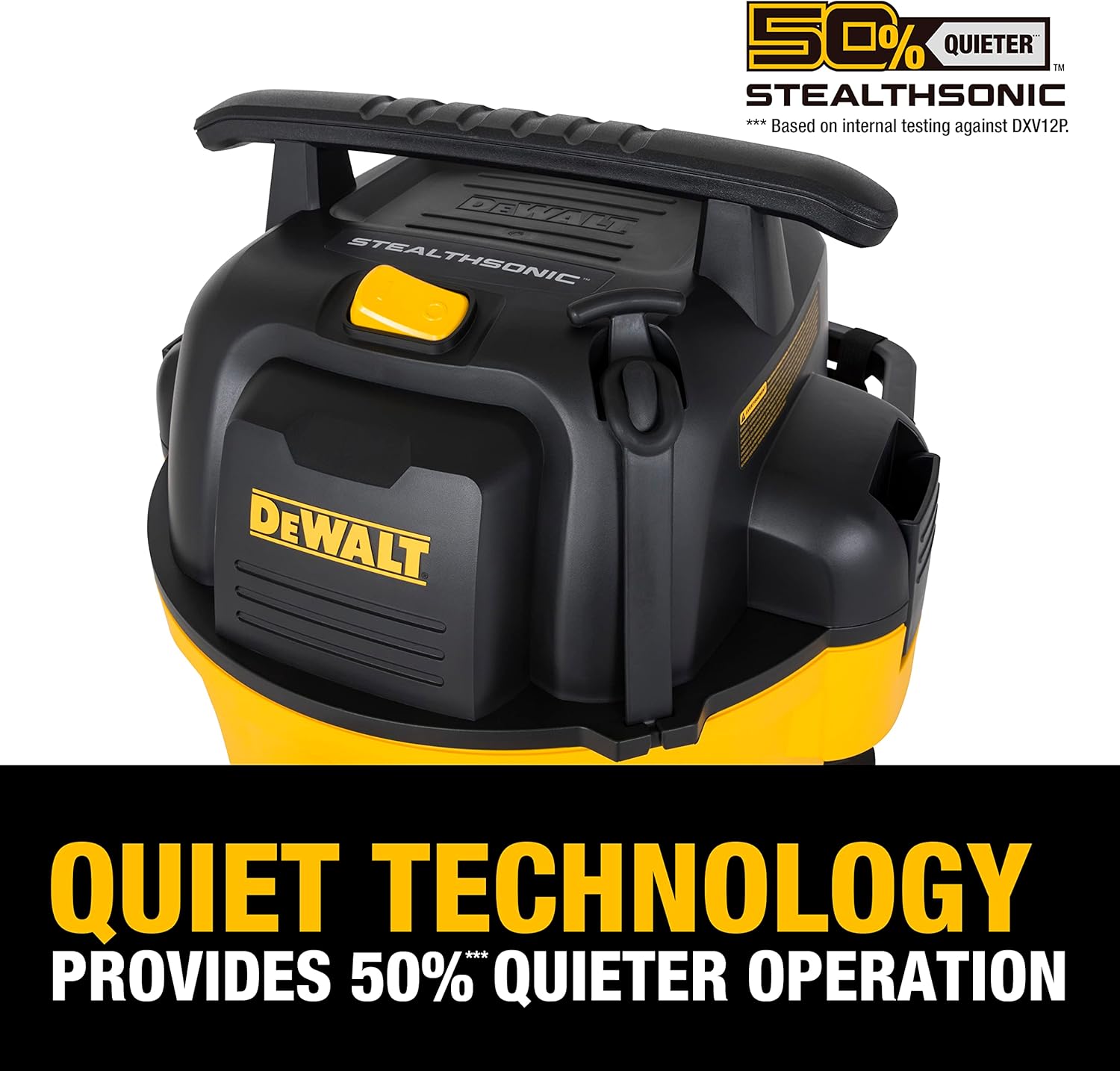 DEWALT 12 Gallon STEALTHSONIC Poly Wet/Dry Vacuum, DXV12P-QTA Newest Noise Reduction Vac, Heavy Duty Shop Vacuum for Jobsite/Workshop, Reduce Motor Noise, Yellow