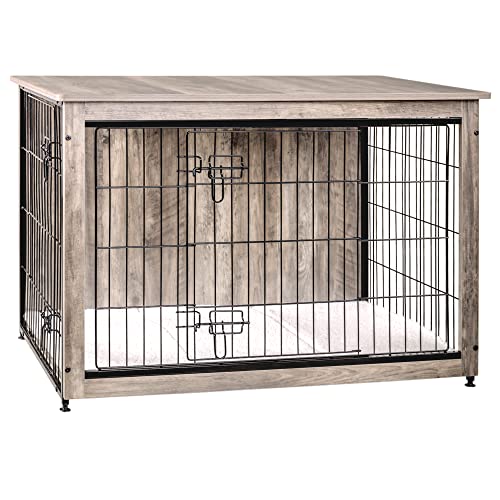 DWANTON Dog Crate Furniture with Cushion, Wooden Dog Crate with Double Doors, Dog Furniture, Dog Kennel Indoor for Small/Medium/Large Dog，End Table, Small, 27.2" L, Warm Brown