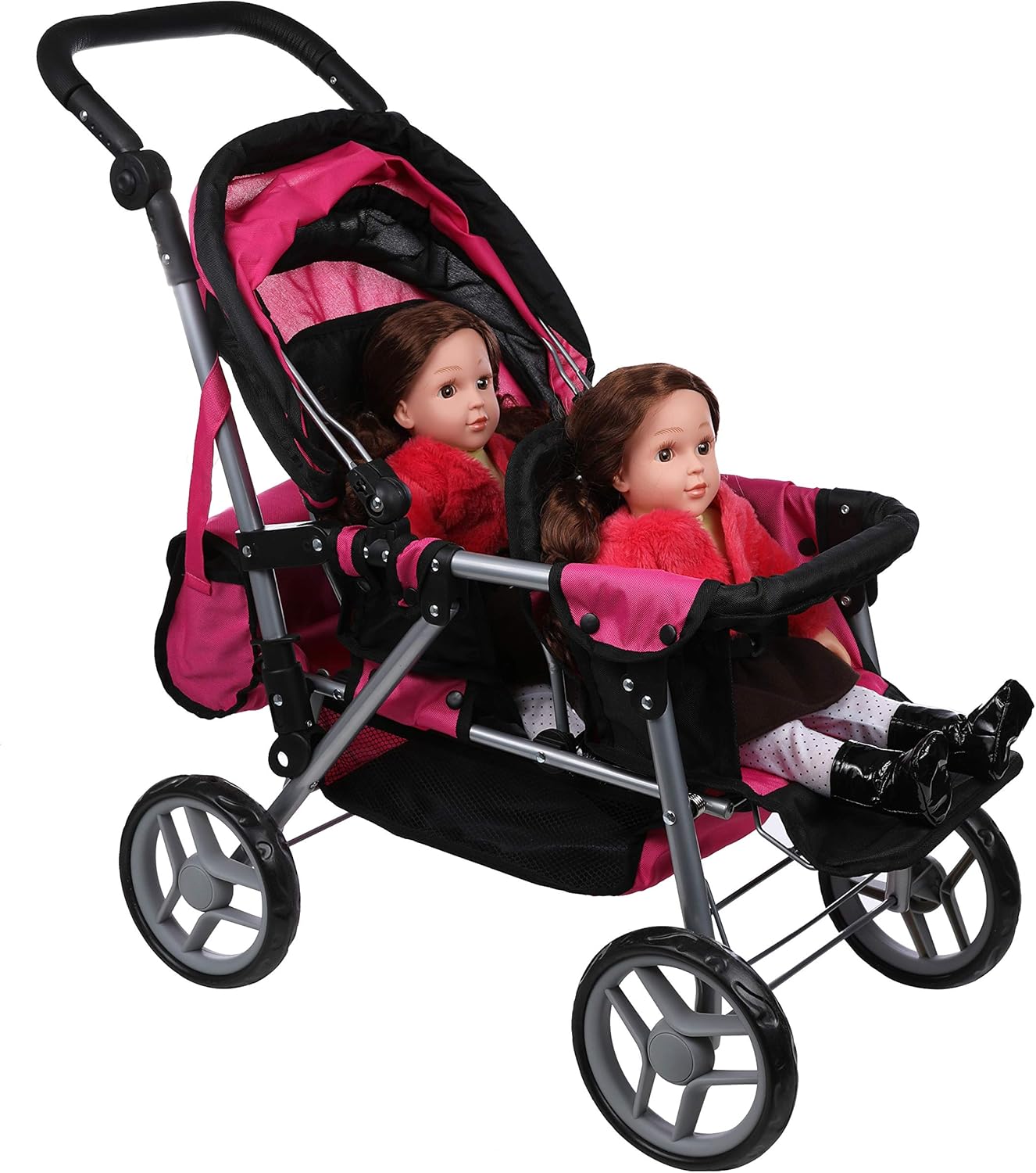 Mommy & Me Twin Doll Stroller Foldable Double Back to Back Doll Pram with Basket, Adjustable Handle, and Free Carriage Bag Hot Pink & Black - 9386