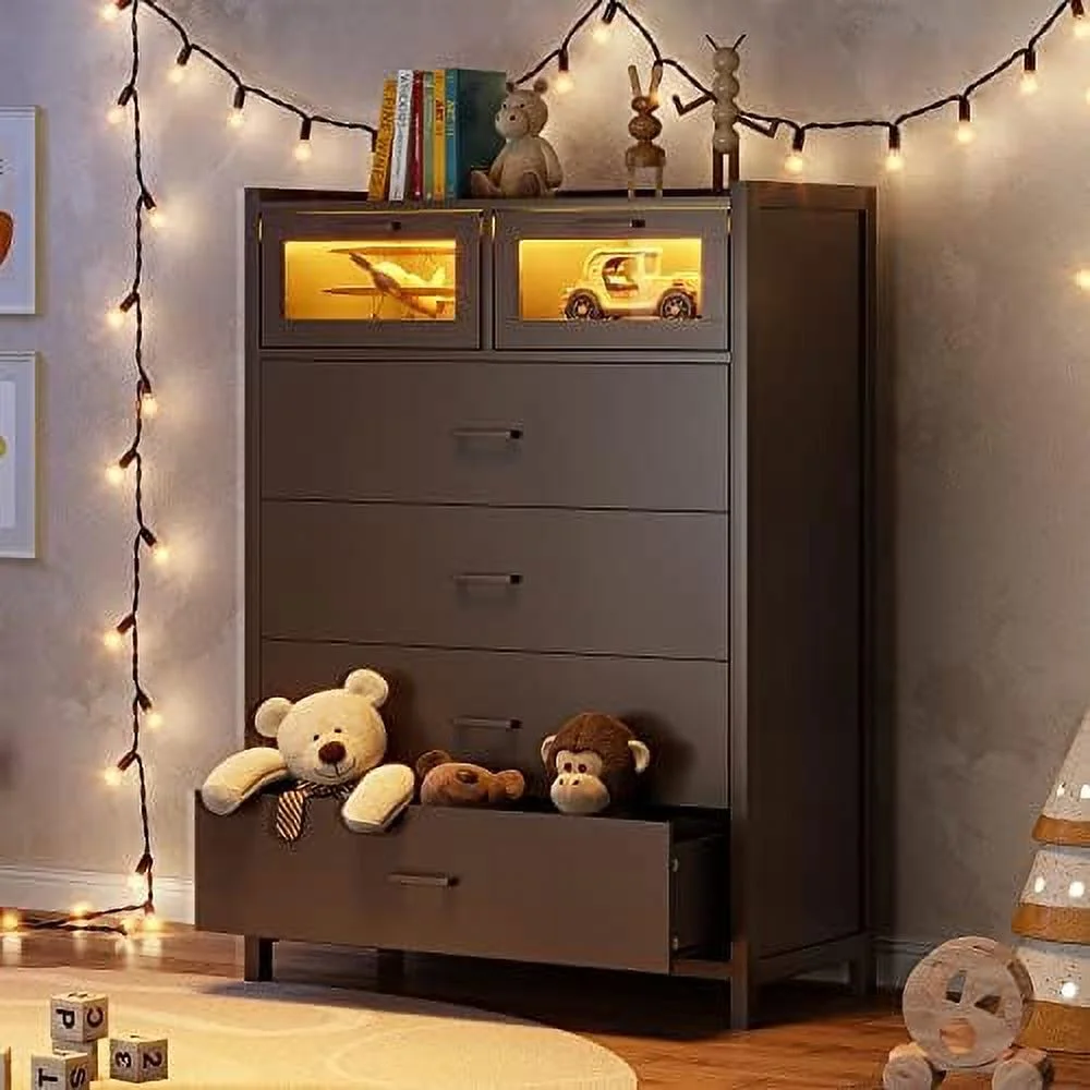 HJZBNONE Dresser for Bedroom  6 Drawer Dressers with LED Lights  Dressers &amp; Chests of Drawers  Bedroom Closet Wooden Tall Dresser for Bedroom  Hallway  Entryway