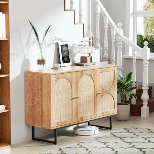 Storage Cabinet with 2 Arched Rattan Doors, Natural Style Rattan Sideboard Buffet Cabinet with Storage, Boho Entryway Table Console Credenza TV Stand for Living/Dining Room, Kitchen, Hallway